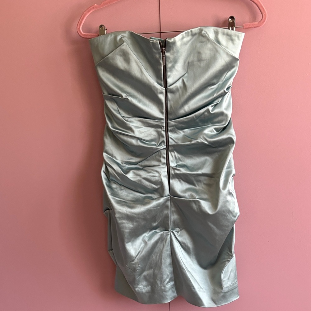 Nicole Miller Strapless Light Blue Satin Ruched Mini Dress